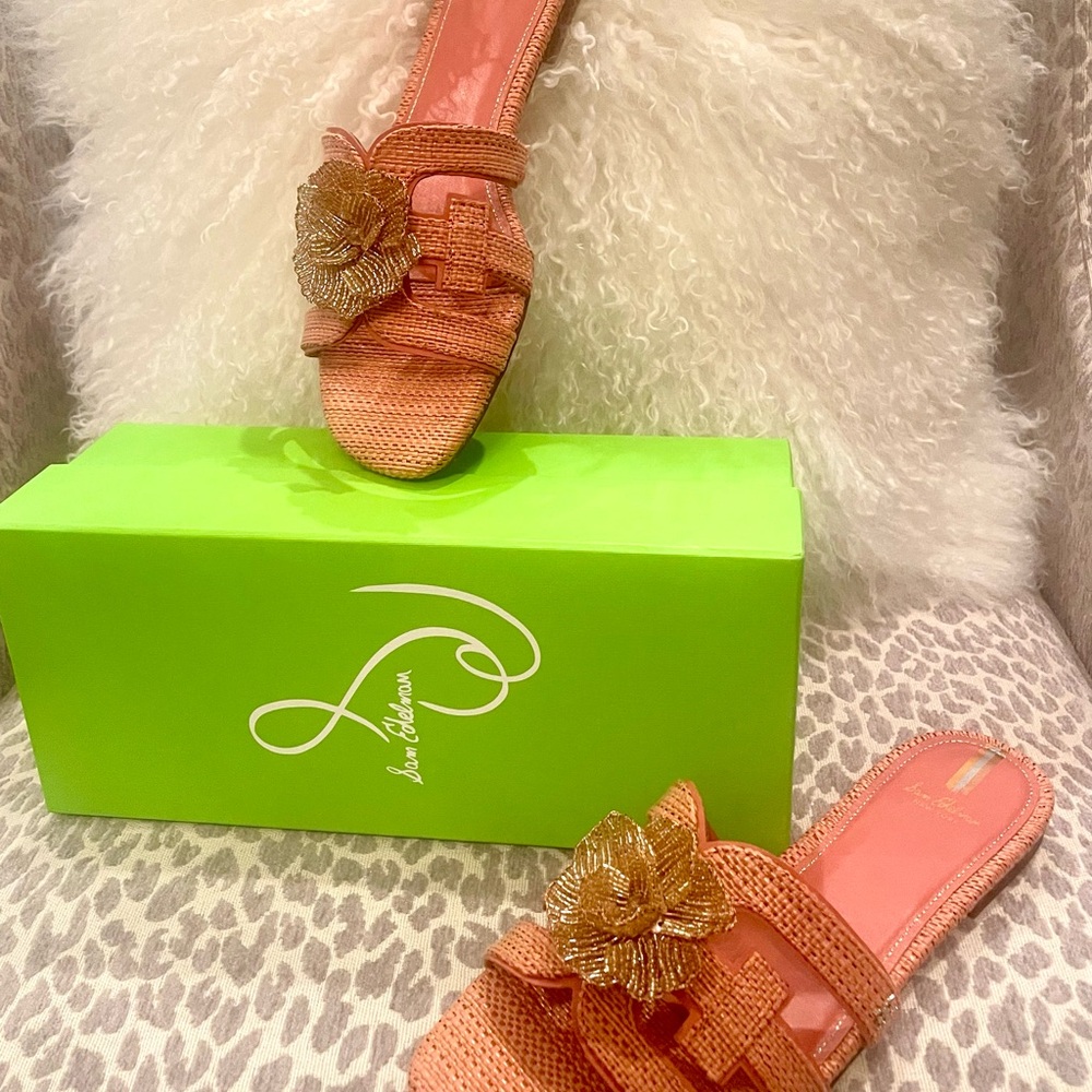 Sam Edelman Pink Woven Sandals with Rose Gold Floral Accent